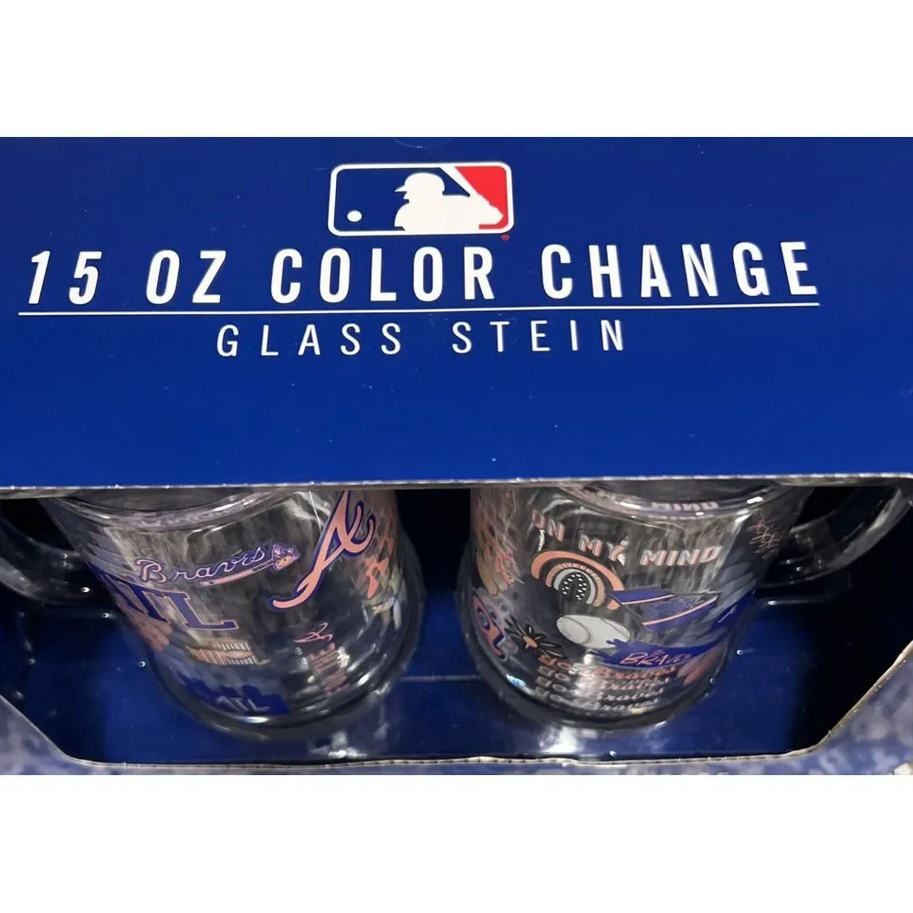 New In Box Set Of 2 NFL Atlanta‎ Braves 15 Oz Color Change Glass Stein Memory Co